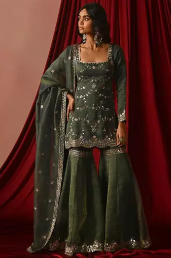 Olive green zari sequence embroidery work silk ready to wear sharara suit for women's