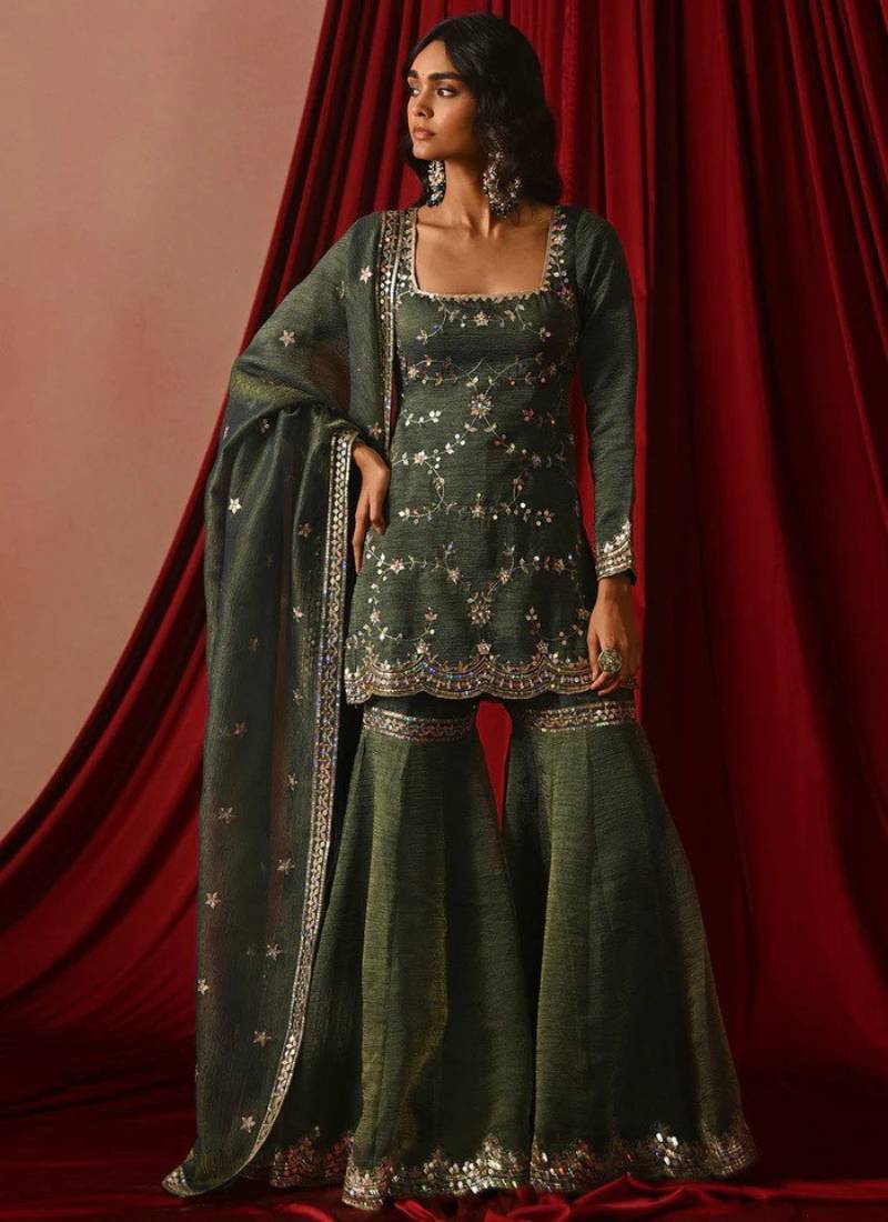 Olive green zari sequence embroidery work silk ready to wear sharara suit for women's