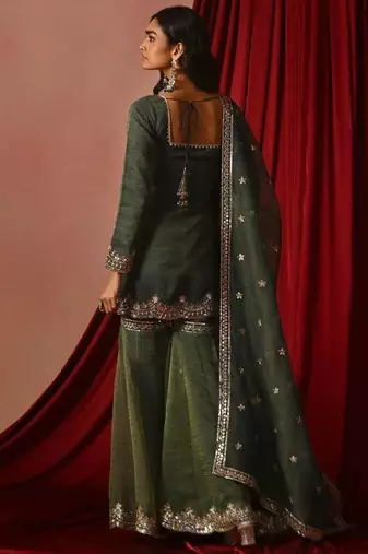 Olive green zari sequence embroidery work silk ready to wear sharara suit for women's