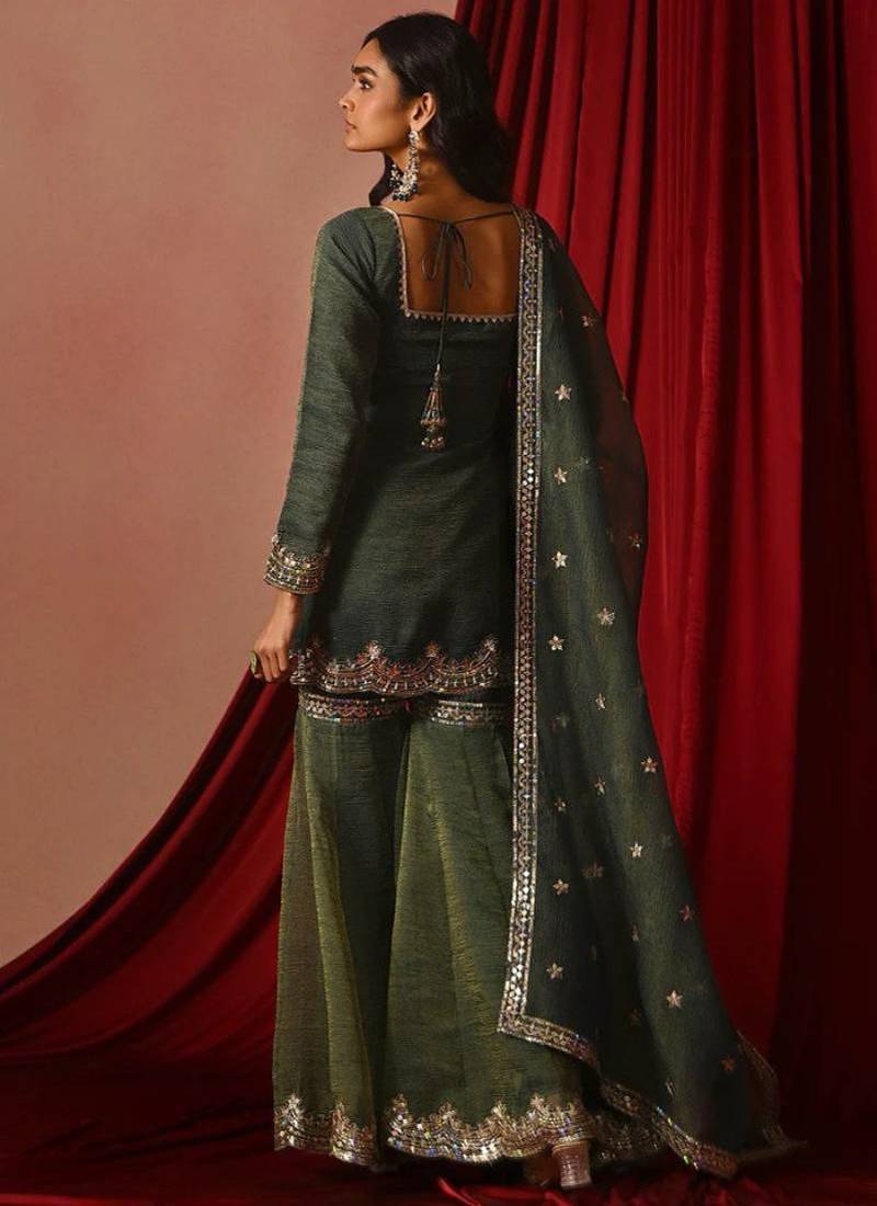 Olive green zari sequence embroidery work silk ready to wear sharara suit for women's