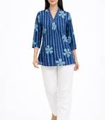 Blue printed cotton hip length short kurta