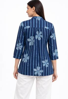 Blue printed cotton hip length short kurta 2