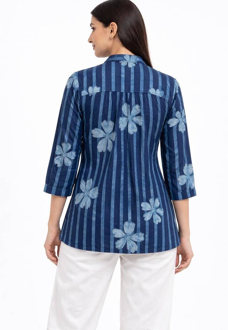 Blue printed cotton hip length short kurta