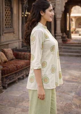 Blue printed cotton hip length short kurta 3