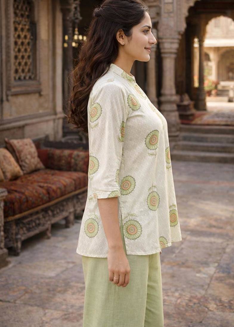 Blue printed cotton hip length short kurta