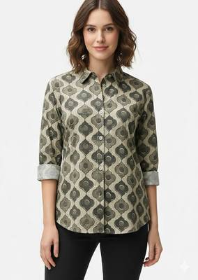 Beige printed  cotton  hip length full sleeves shirt 1