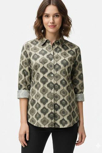 Beige printed  cotton  hip length full sleeves shirt