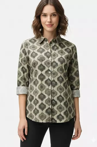 Beige printed  cotton  hip length full sleeves shirt