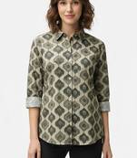 Beige printed  cotton  hip length full sleeves shirt