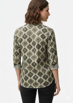Beige printed  cotton  hip length full sleeves shirt 2