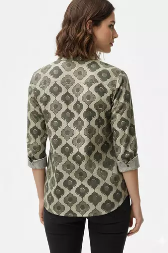 Beige printed  cotton  hip length full sleeves shirt