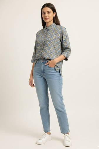 Blue  printed  cotton hip length full sleeves shirt