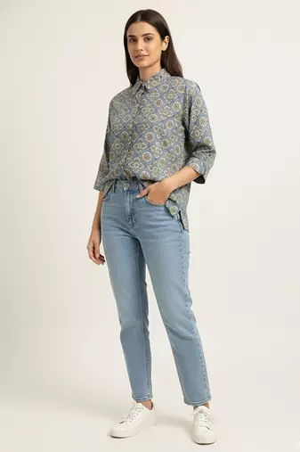 Blue  printed  cotton hip length full sleeves shirt