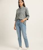 Blue  printed  cotton hip length full sleeves shirt