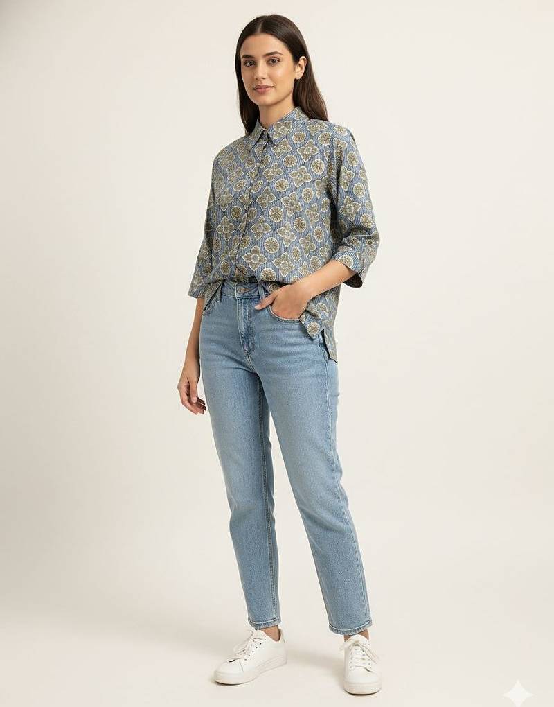 Blue  printed  cotton hip length full sleeves shirt