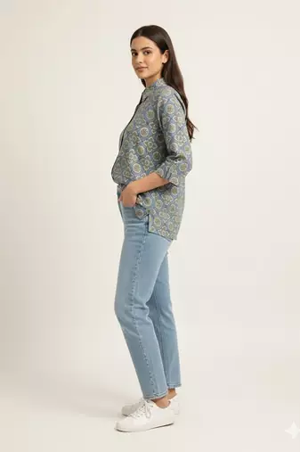 Blue  printed  cotton hip length full sleeves shirt