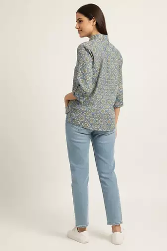 Blue  printed  cotton hip length full sleeves shirt