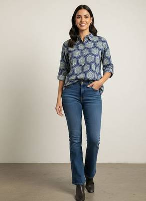 Navy blue  printed cotton hip length full sleeves shirt 1