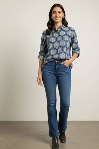 Navy blue  printed cotton hip length full sleeves shirt