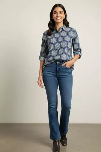 Navy blue  printed cotton hip length full sleeves shirt