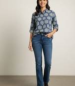 Navy blue  printed cotton hip length full sleeves shirt