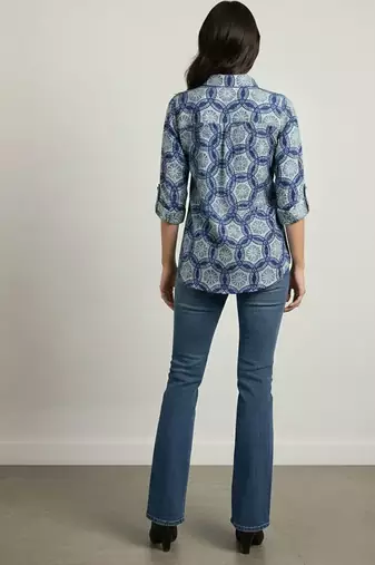Navy blue  printed cotton hip length full sleeves shirt