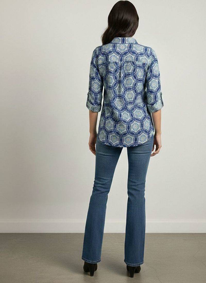 Navy blue  printed cotton hip length full sleeves shirt