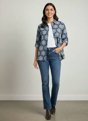 Navy blue  printed cotton hip length full sleeves shirt 4