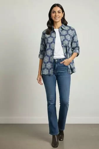 Navy blue  printed cotton hip length full sleeves shirt