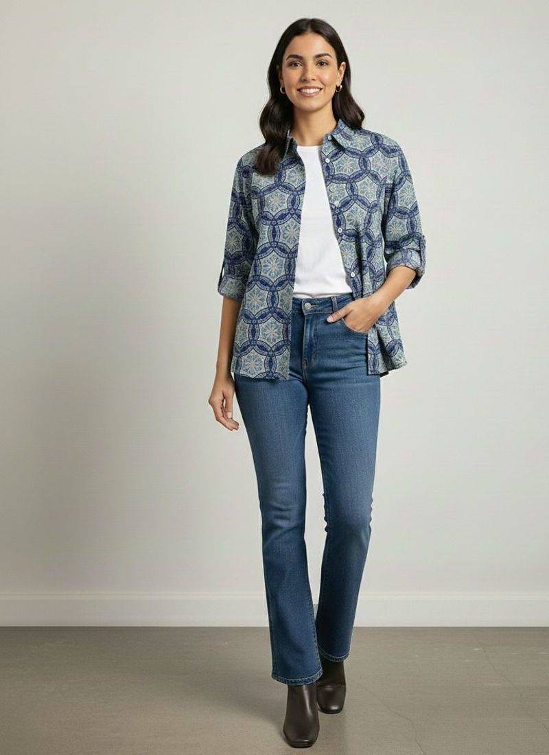 Navy blue  printed cotton hip length full sleeves shirt