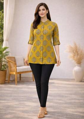 Mustard printed cotton hip length short kurta 1