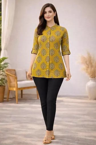 Mustard printed cotton hip length short kurta