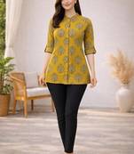Mustard printed cotton hip length short kurta