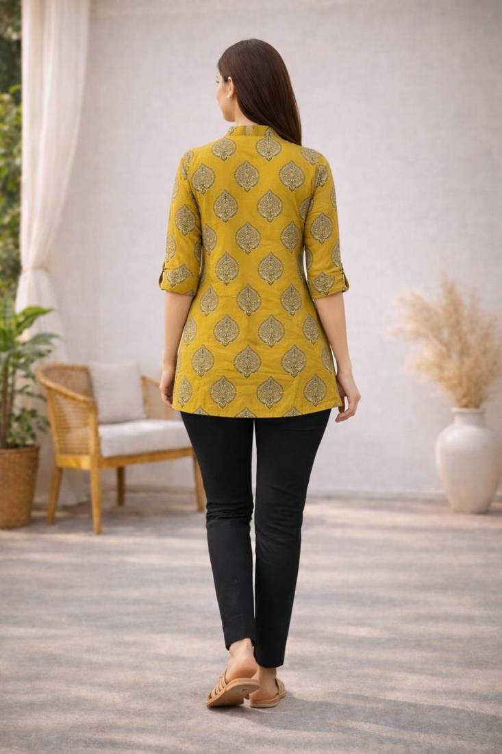 Mustard printed cotton hip length short kurta