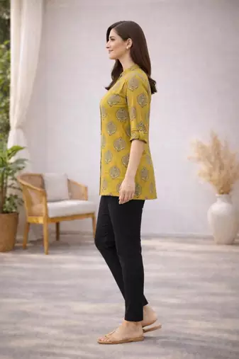 Mustard printed cotton hip length short kurta