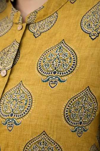 Mustard printed cotton hip length short kurta
