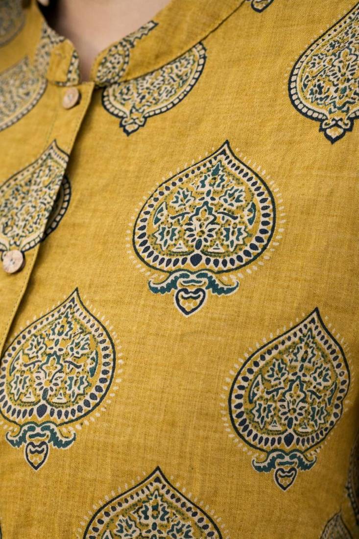 Mustard printed cotton hip length short kurta