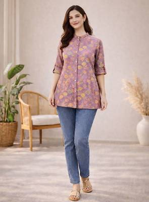 Lavender  printed cotton hip length short kurta 1