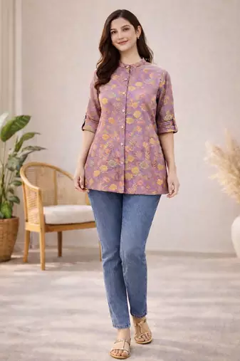 Lavender  printed cotton hip length short kurta