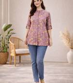 Lavender  printed cotton hip length short kurta