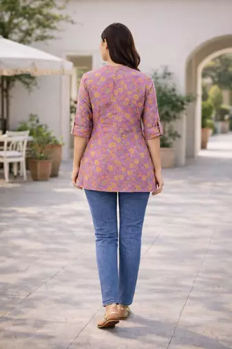 Lavender  printed cotton hip length short kurta