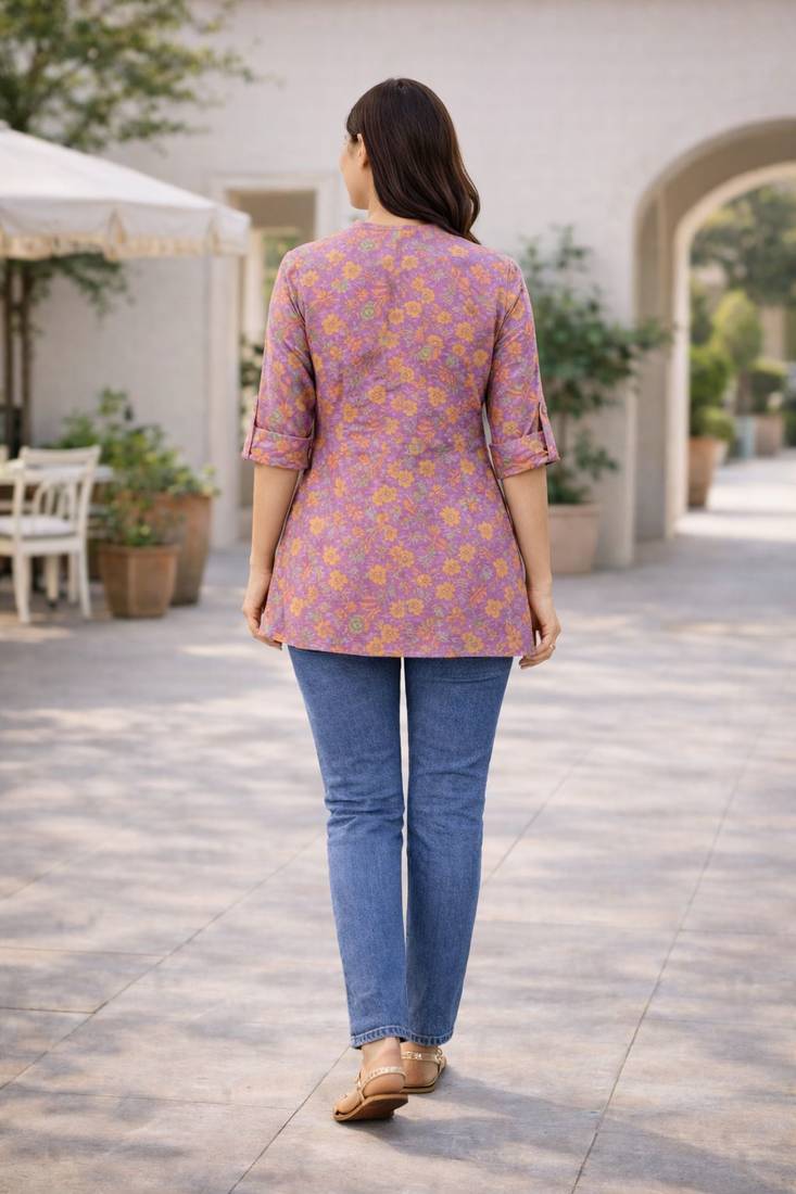 Lavender  printed cotton hip length short kurta