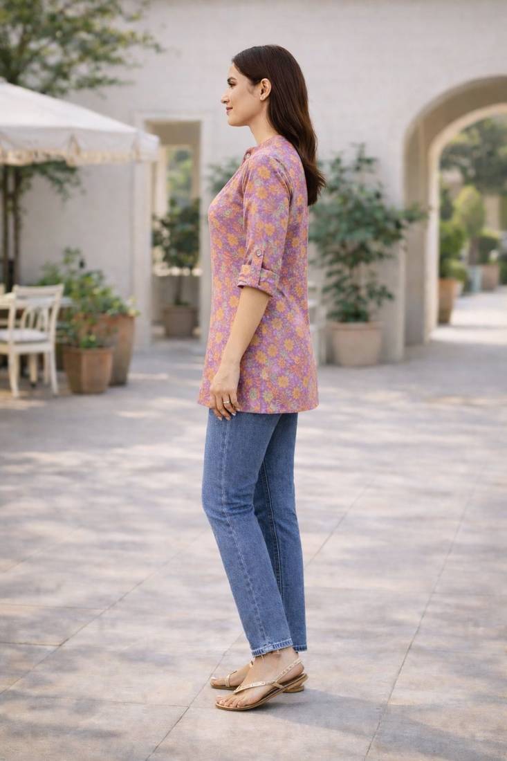 Lavender  printed cotton hip length short kurta