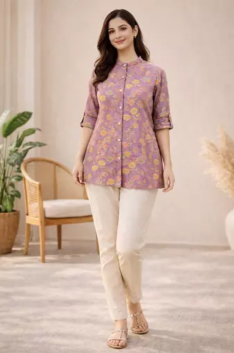 Lavender  printed cotton hip length short kurta