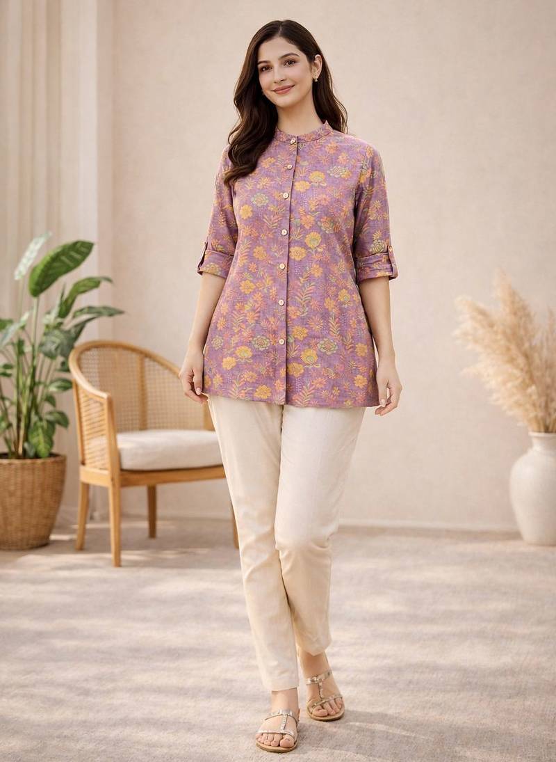 Lavender  printed cotton hip length short kurta