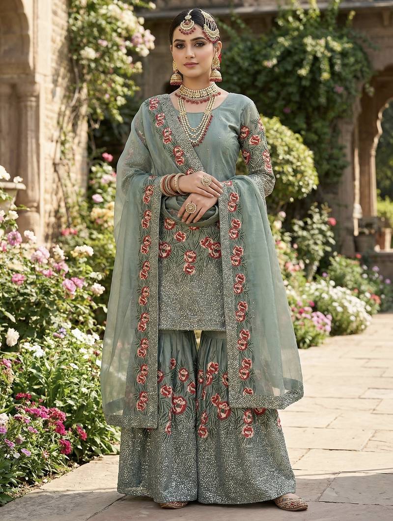 Blue color designer pure fendy silk sequins embroidered work readymade suit