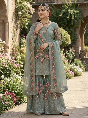 Blue color designer pure fendy silk sequins embroidered work readymade suit 2