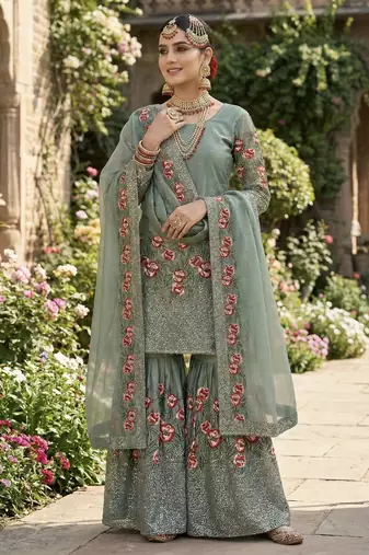Blue color designer pure fendy silk sequins embroidered work readymade suit