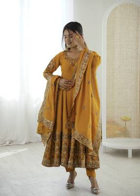 Yellow color designer roman silk sequins embroidered work readymade suit 1