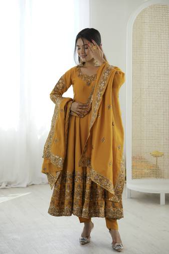 Yellow color designer roman silk sequins embroidered work readymade suit